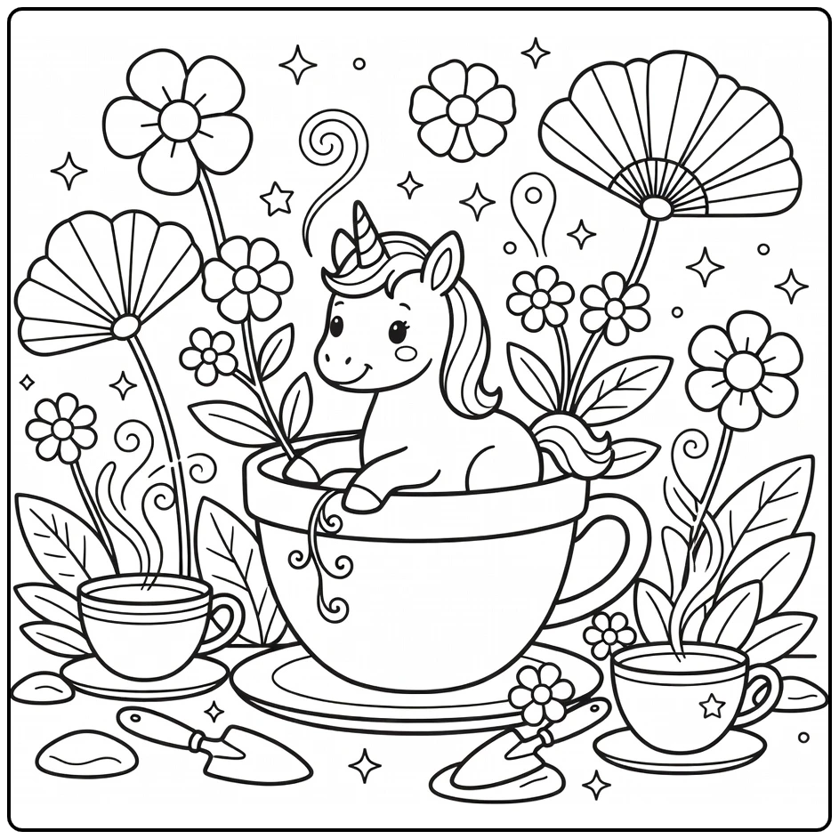 Baby unicorn coloring page: foal in teacup pot & vines