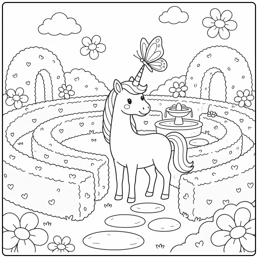 Unicorn and butterfly coloring page in hedge maze garden
