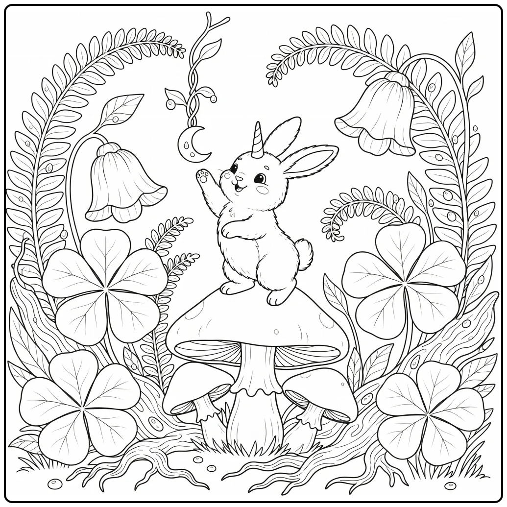 Unicorn bunny coloring page: bunny on mushroom reaches for moon charm