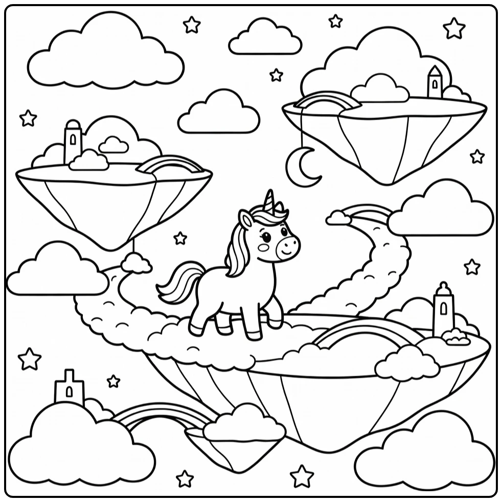Unicorn coloring pages: stroll on cloud path, islands
