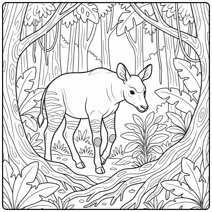 Wild animal coloring page for adults: okapi foraging amid rainforest roots