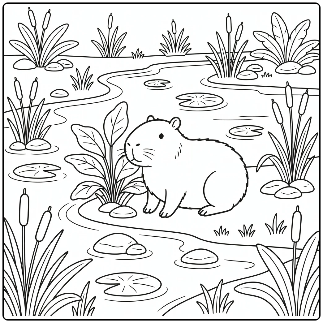 Wild animal coloring page for adults: cute capybara at wetland