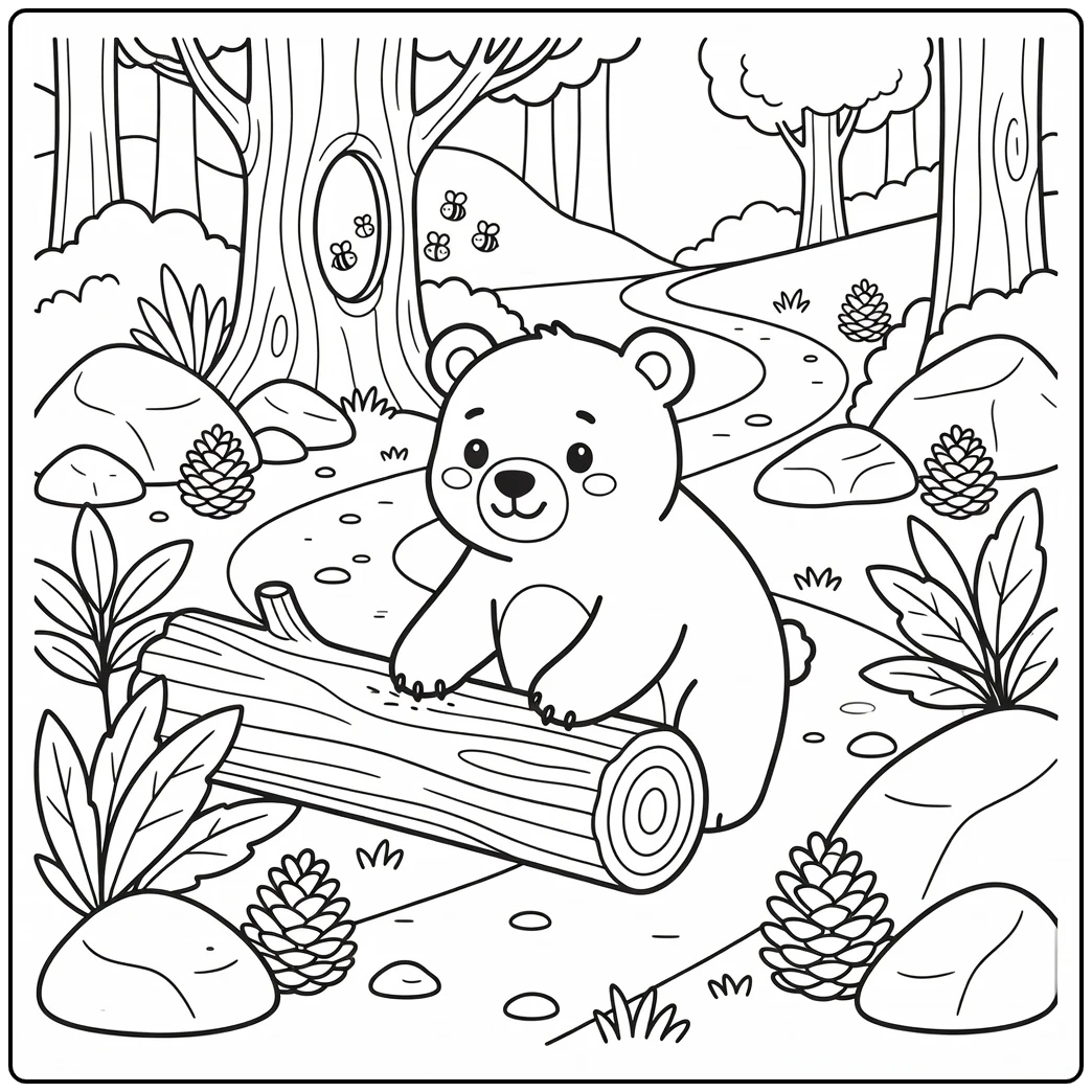Bear pawing log on forest trail - wild animals coloring page
