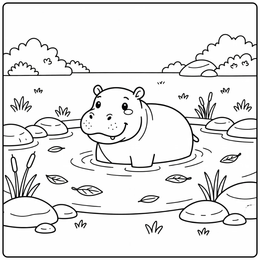 Hippo rising from river in wild animals coloring page