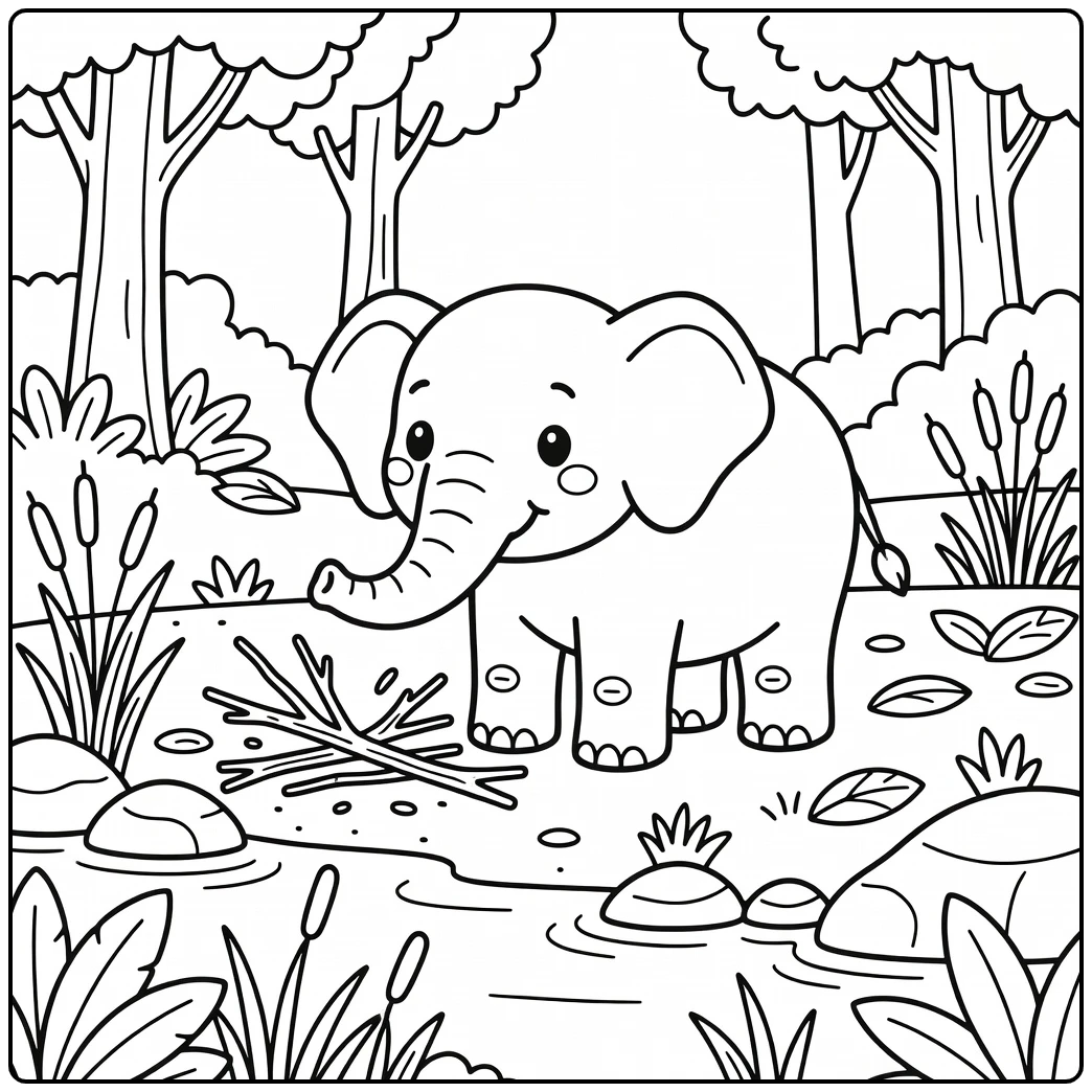 Elephant lifting branches by riverbank wild animals coloring page