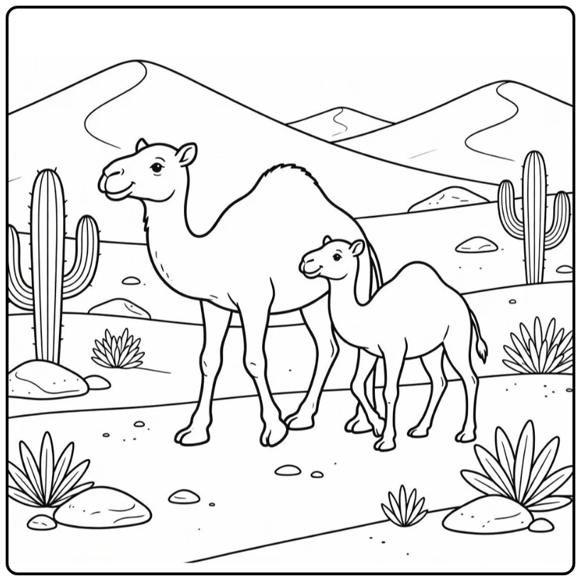 Wild animals coloring page for kids: camels in desert dunes