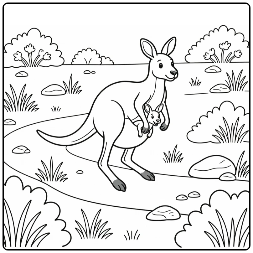 Kangaroo hopping with joey in scrubland wild animals coloring page