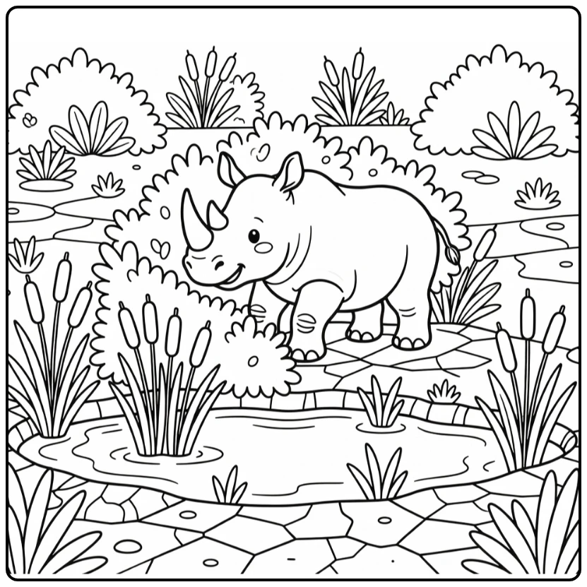 Wild animals coloring page: rhino pushing through shrubs by waterhole