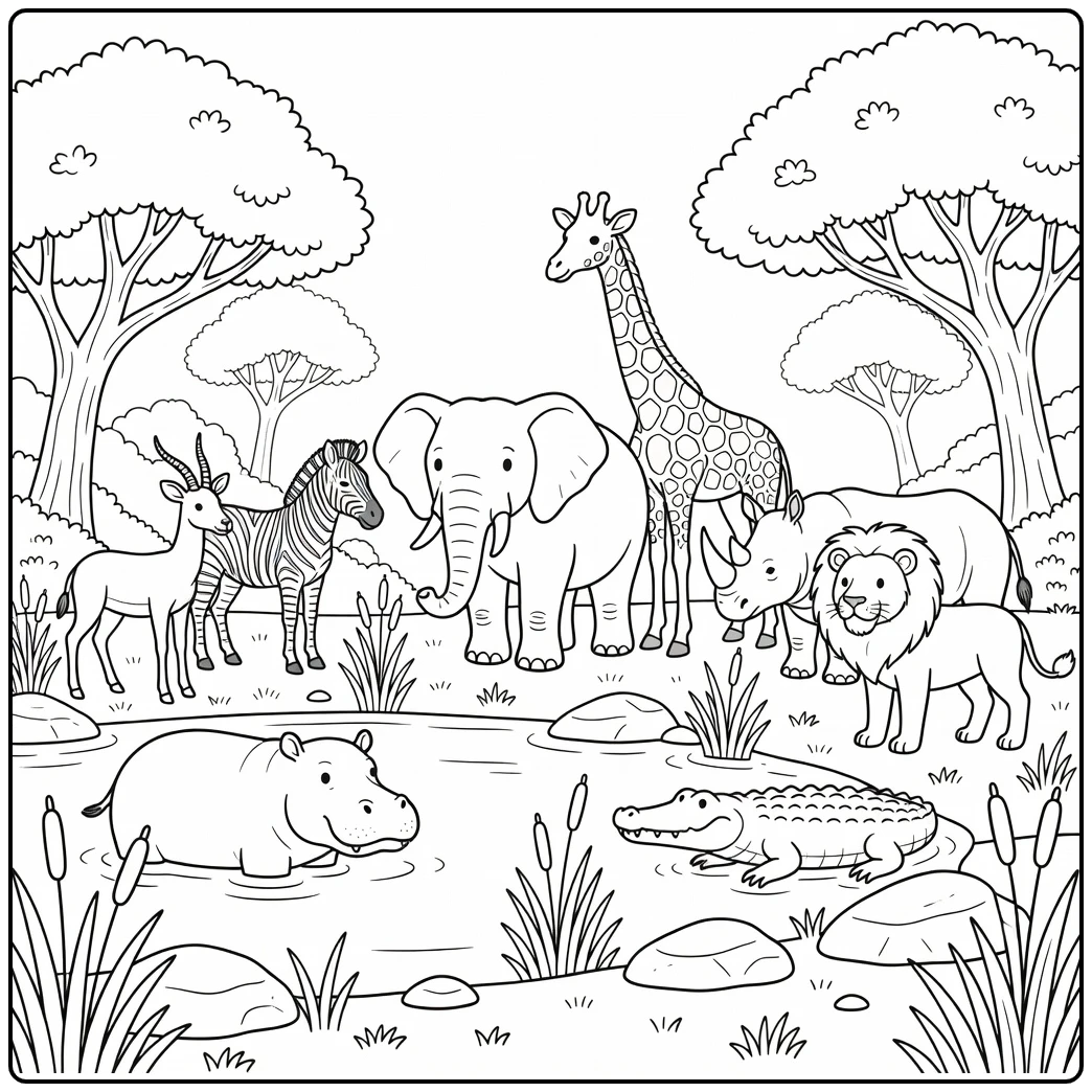 Wild animals coloring page: elephant, giraffe, zebra at watering hole