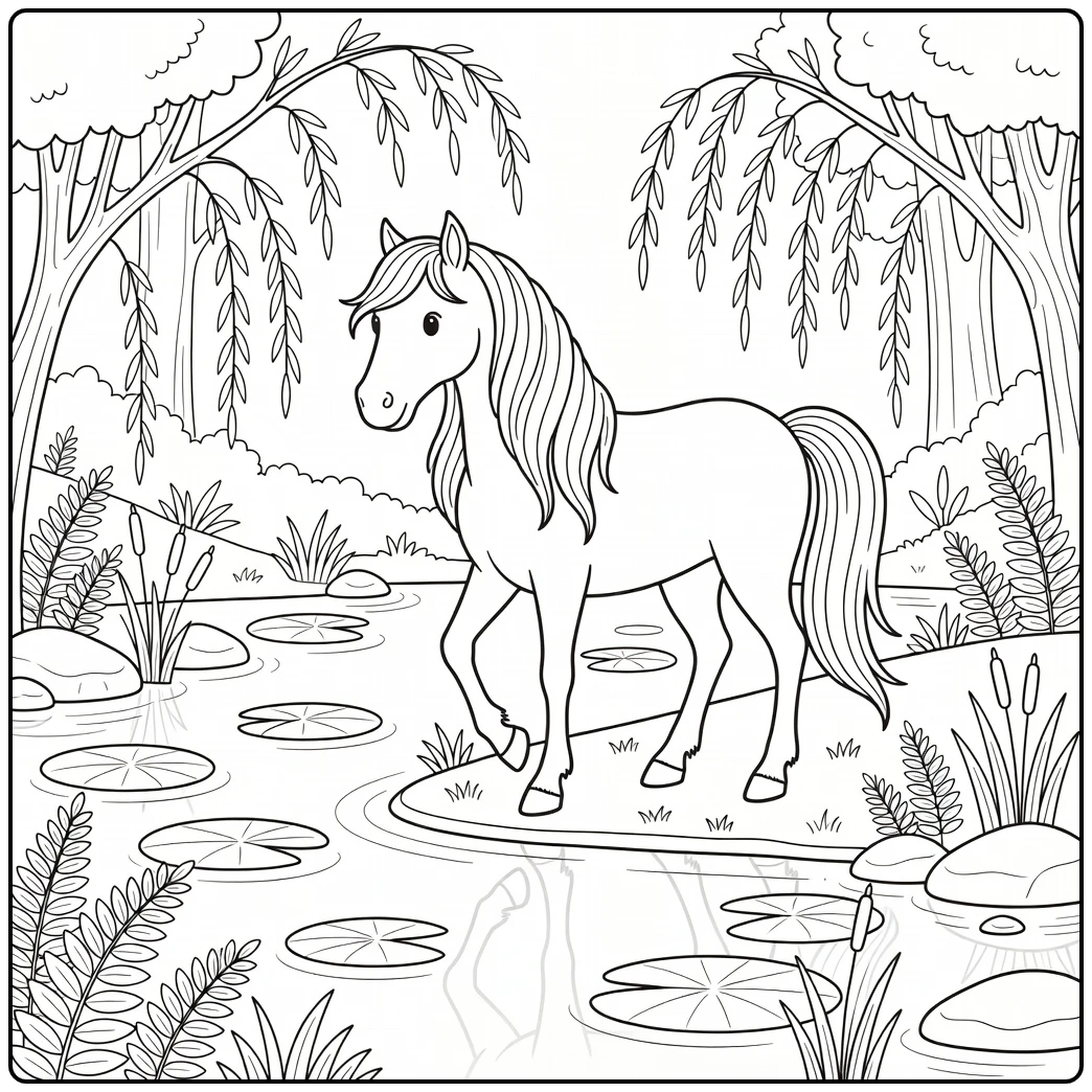 Wild beautiful horse coloring page by calm pond