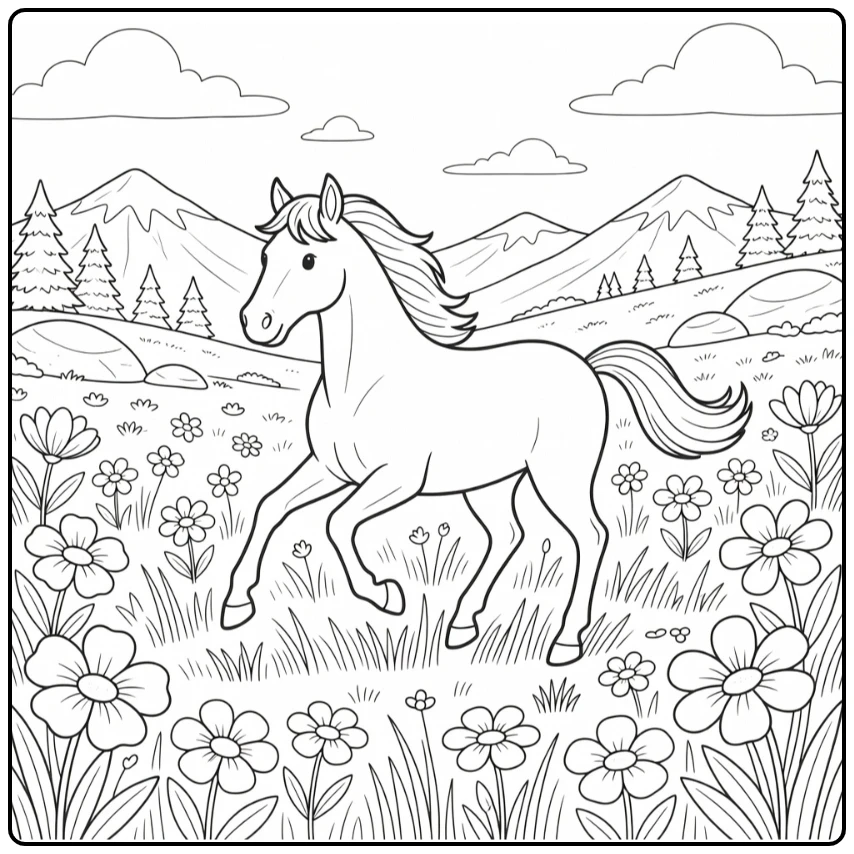 Wild beautiful horse coloring page in scenic alpine meadow