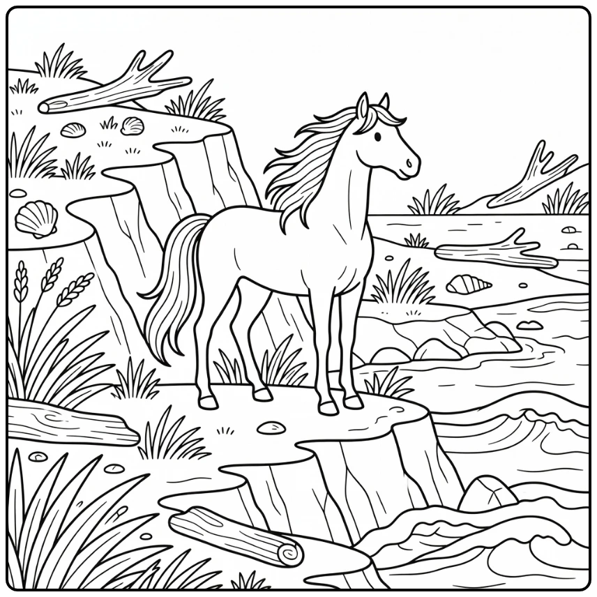 Wild beautiful horse coloring page on rocky seaside bluff