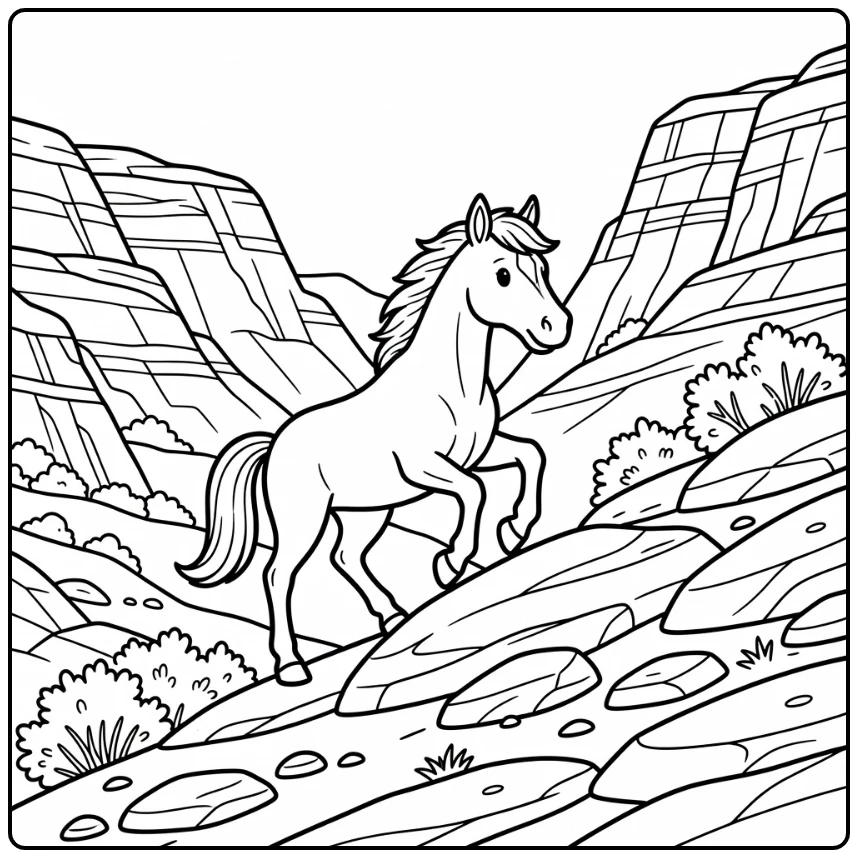 Wild horse coloring page on steep shale slope