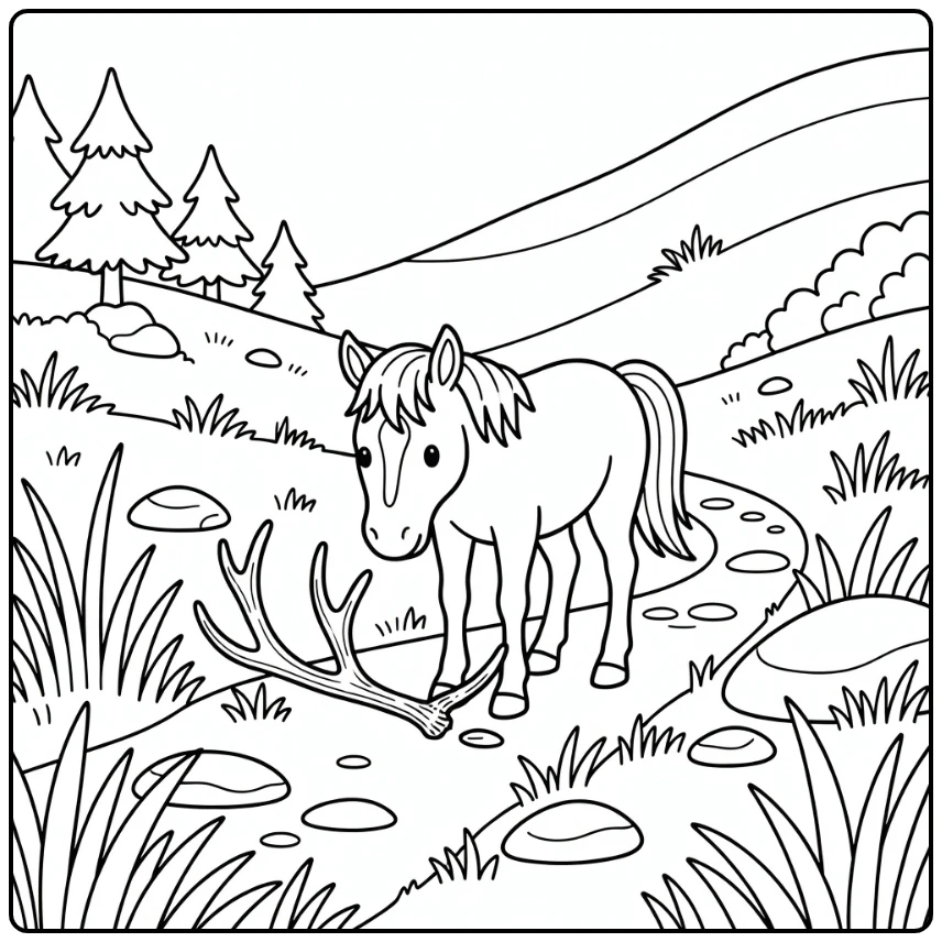 Wild horse coloring page nudging antler in meadow