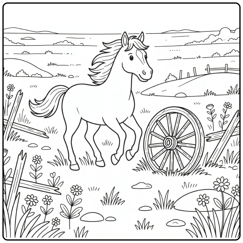 Wild horse coloring page in untamed grassland with wagon wheel
