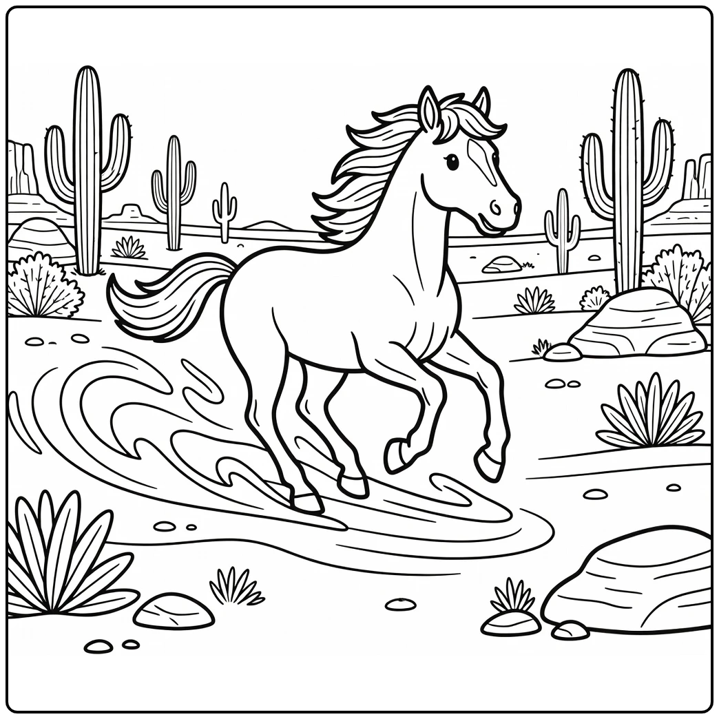 Wild horse coloring page in desert with cactus and mesas
