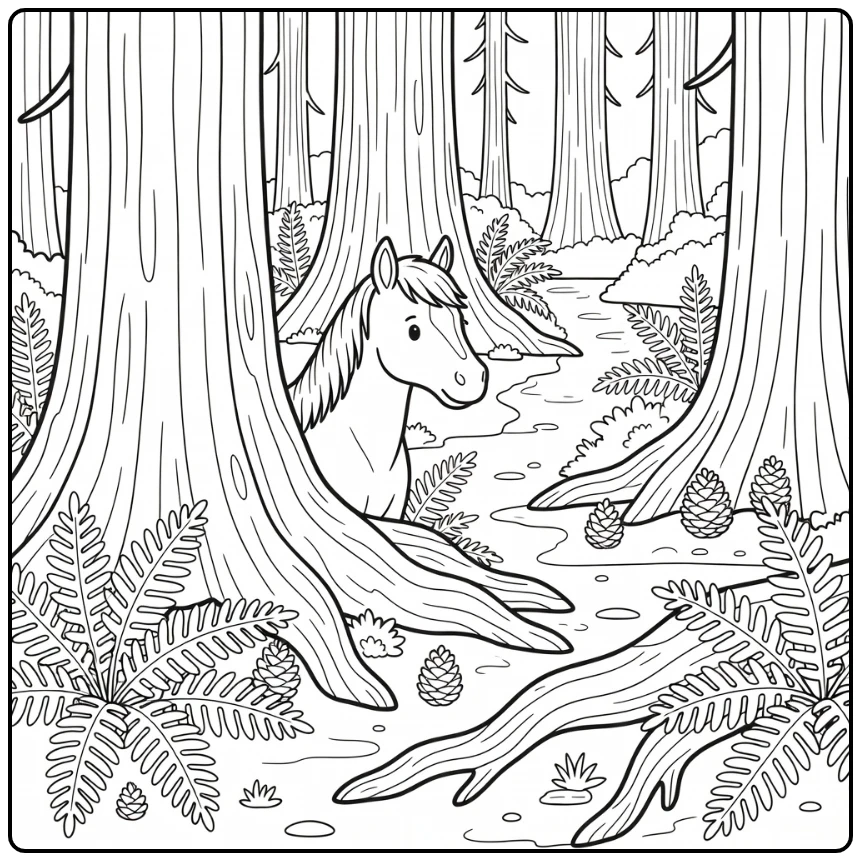 Wild horse coloring page amid giant sequoia roots