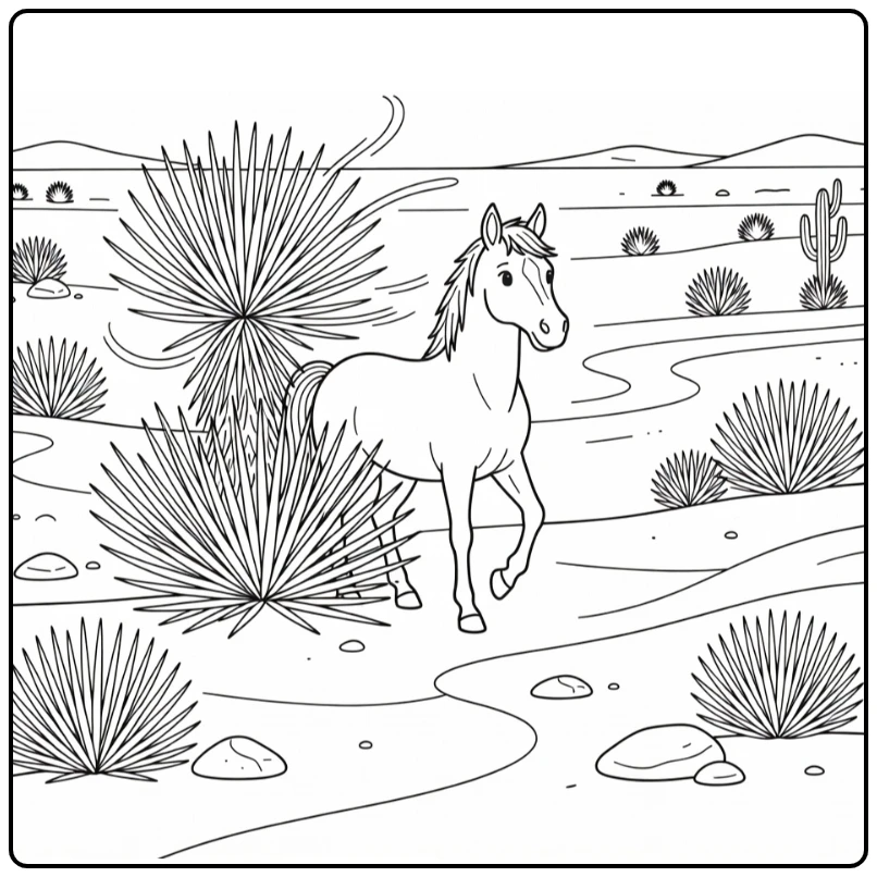 Wild horse coloring page standing alert by yucca plants