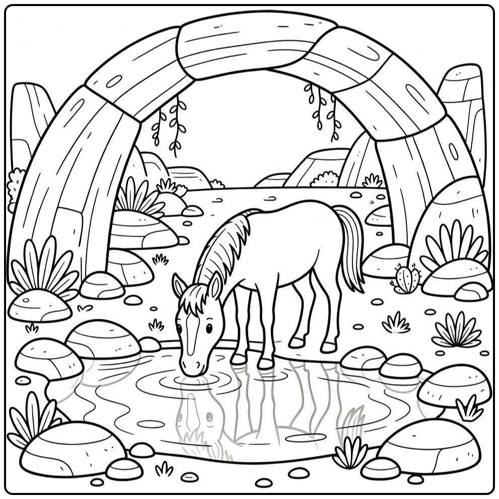 Wild horse coloring page at remote desert oasis spring