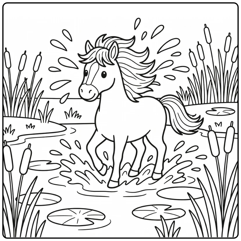 Wild horse coloring page with splash arcs and wetland plants