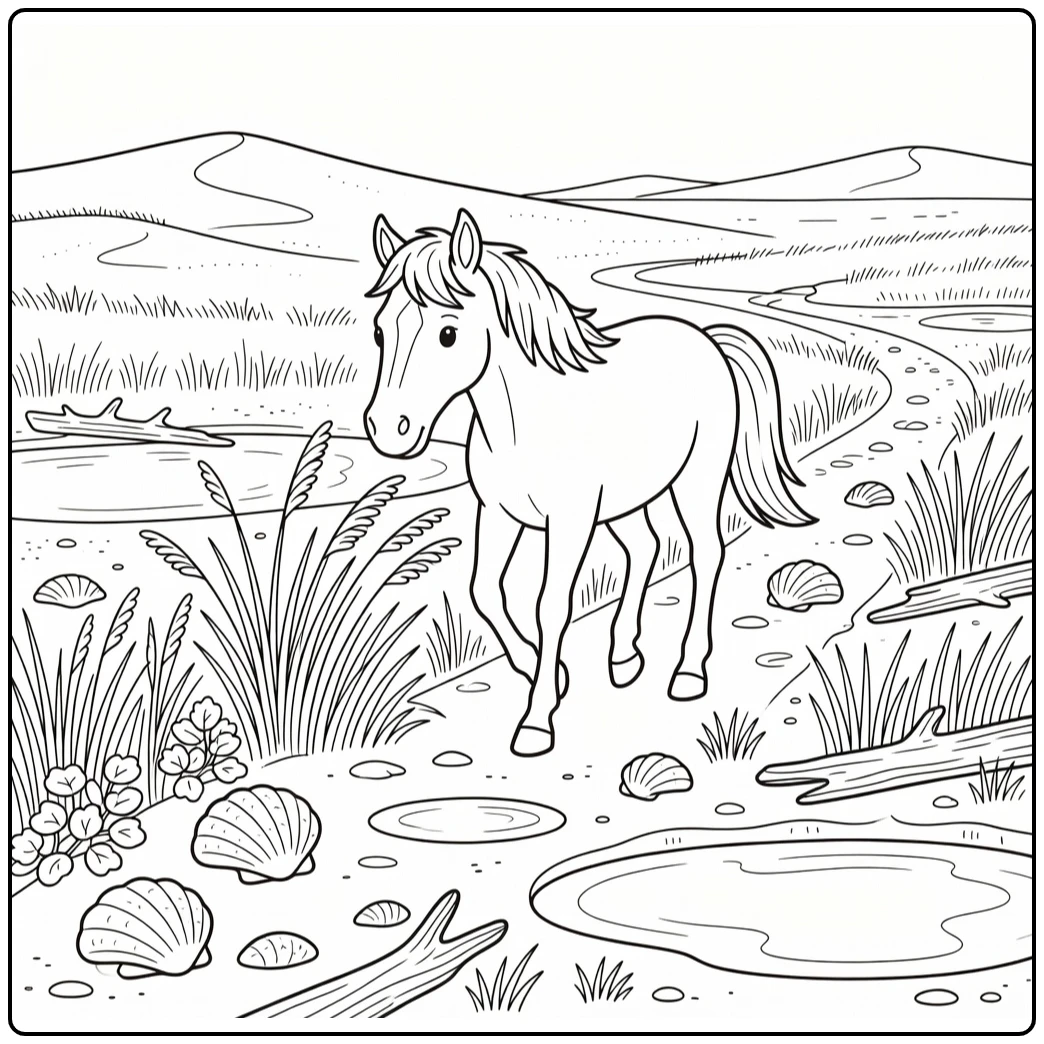 Wild horse coloring page along coastal marsh trail