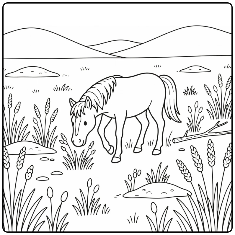 Wild horse coloring page roaming prairie field