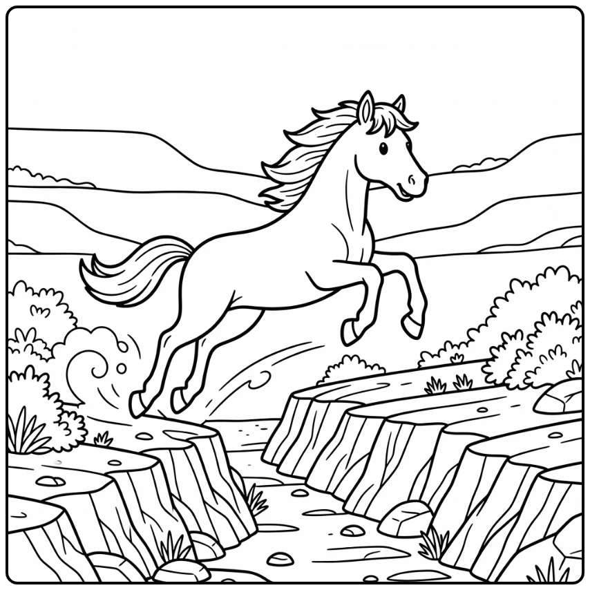 Wild horse coloring page leaping over rocky ravine