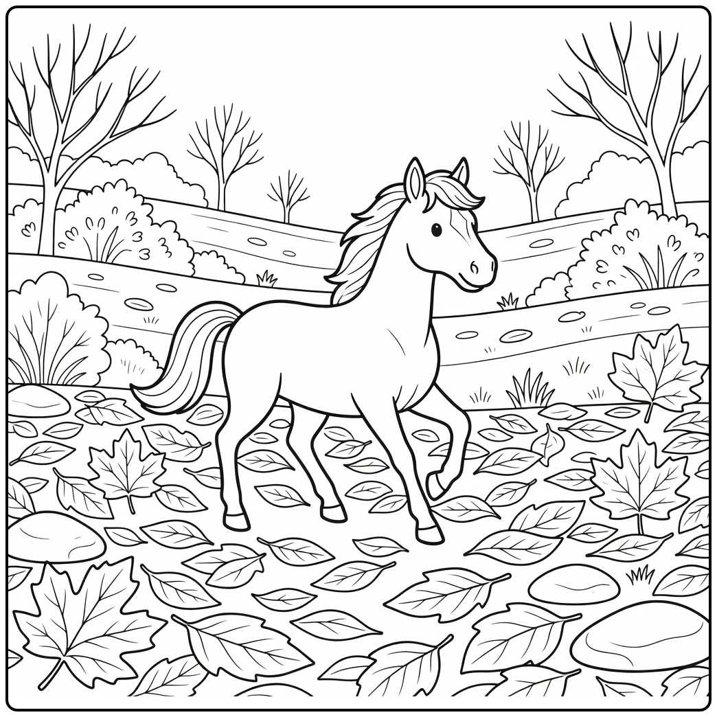 Wild horse coloring page trotting through autumn leaves field
