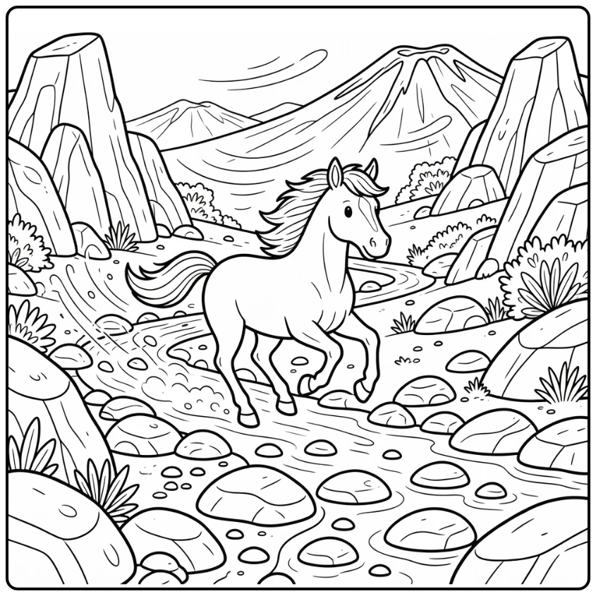 Wild Horse Coloring Page Galloping by Lava Rocks