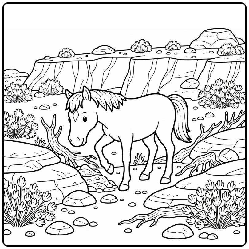 Wild horse coloring page showing pawing horse near mineral lick