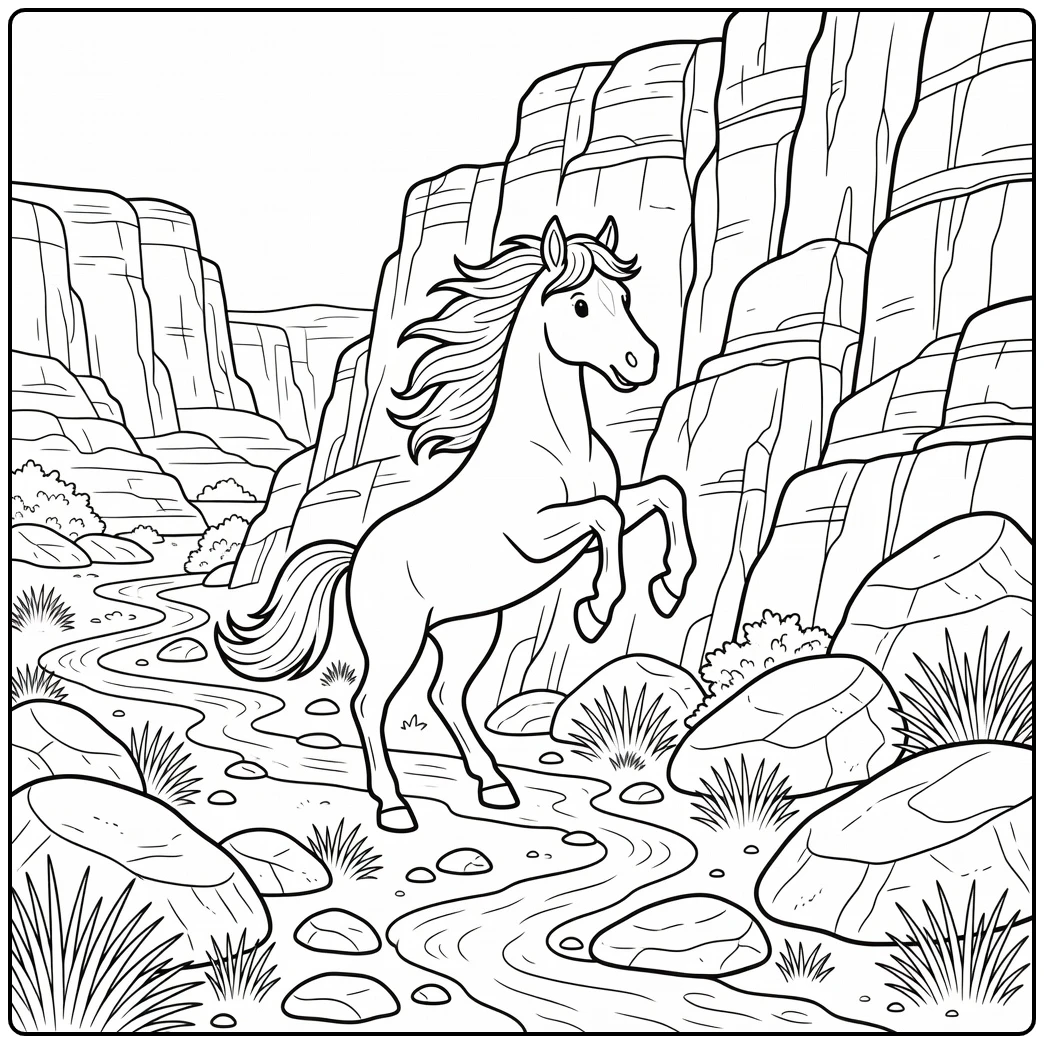Wild horse coloring page rearing beside rugged canyon