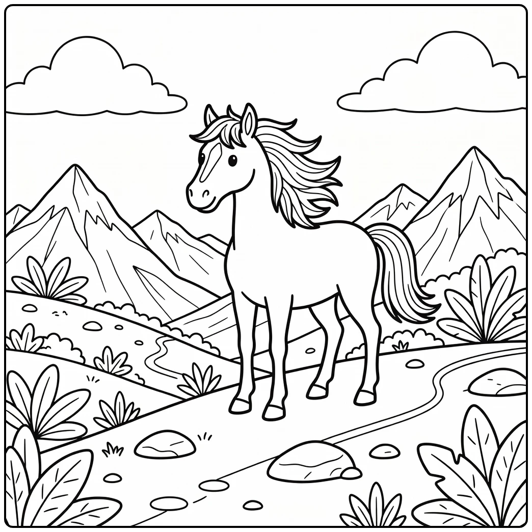 Wild horse coloring page overlooking scenic mountain valley