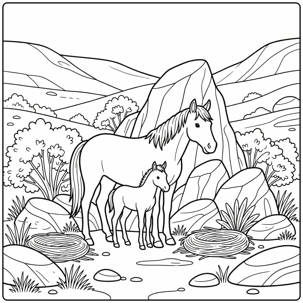 Wild horse coloring page of mother shielding foal