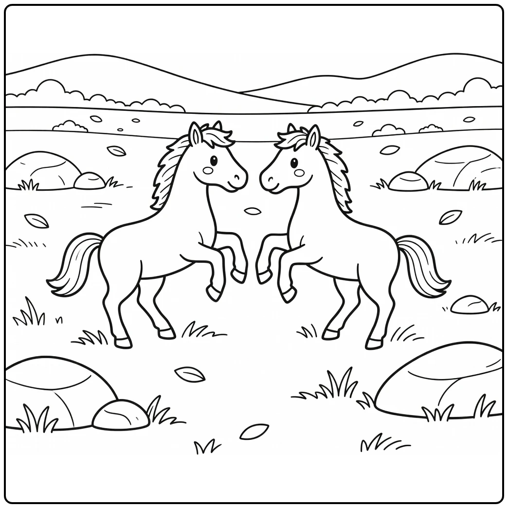 Wild horse coloring page with two playful sparring horses
