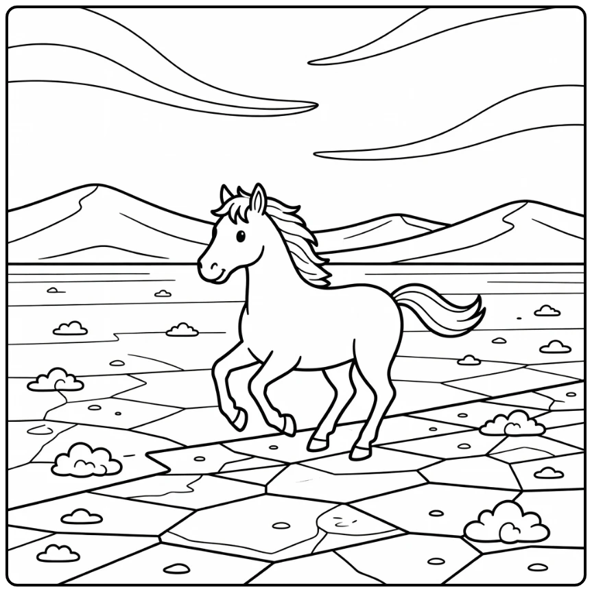 Wild horse coloring page on windswept salt flat