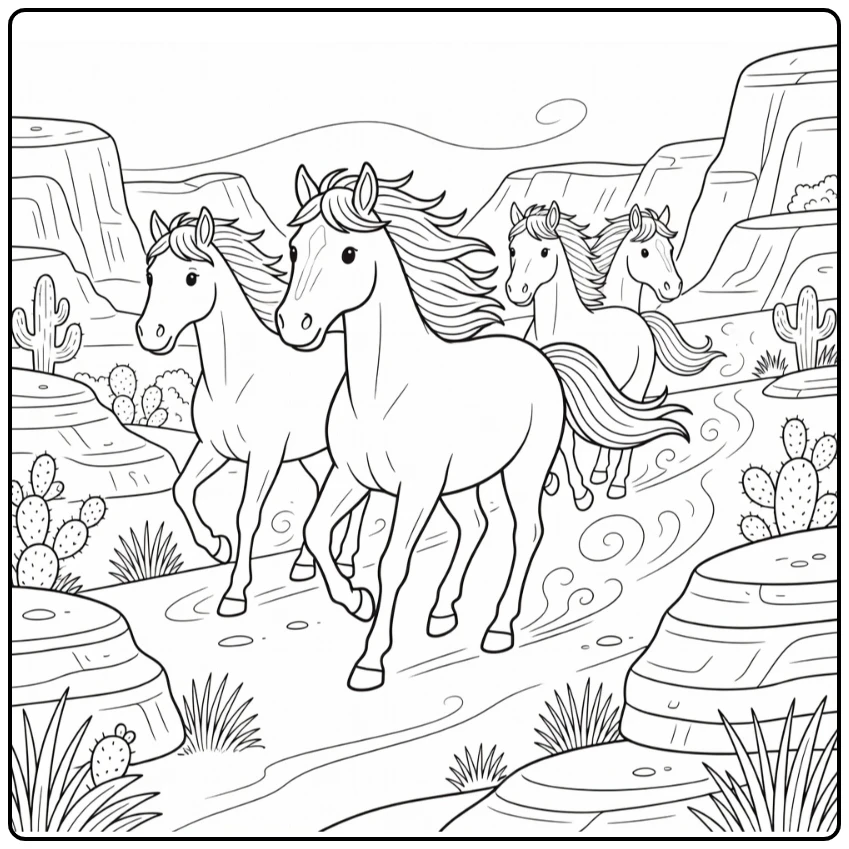 Wild horses coloring page on windy desert ridge