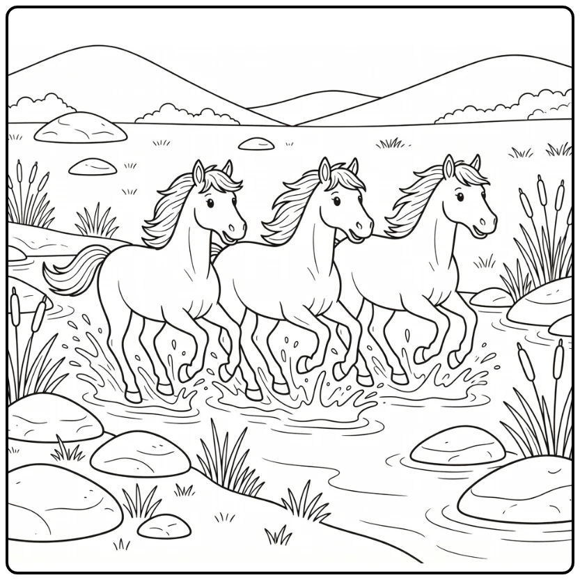 Wild horses coloring page of three horses crossing a river