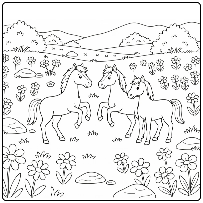 Wild horses coloring page with playful herd in meadow