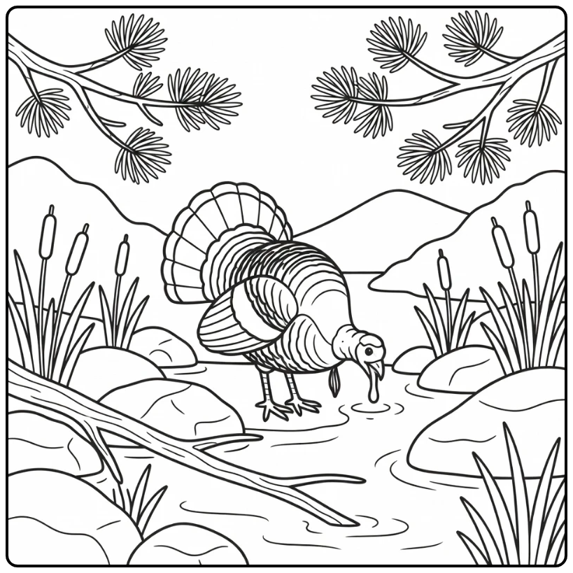 Wild turkey coloring page at mountain stream with rocks