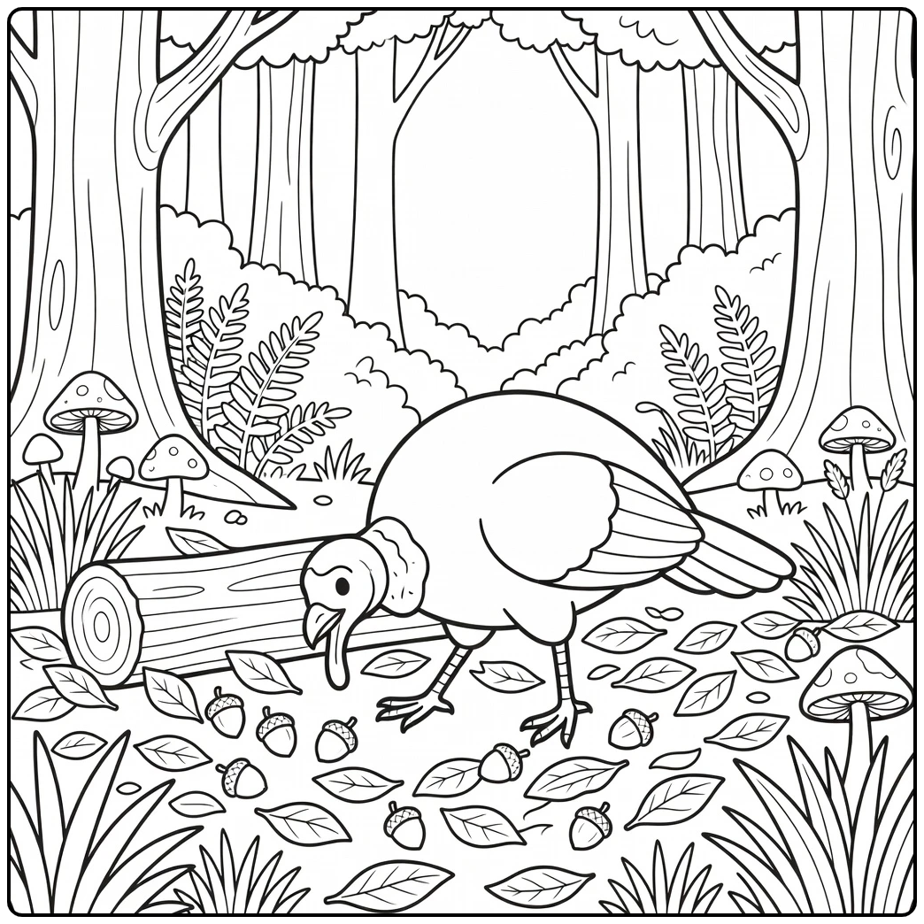 Wild turkey coloring page of bird foraging by log with acorns