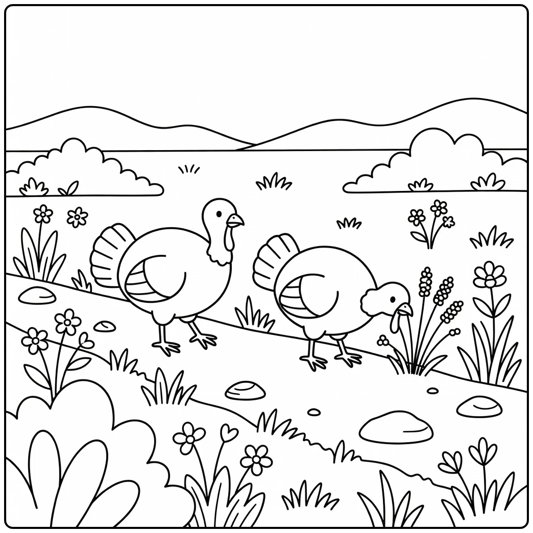 Wild turkey coloring page showing two turkeys on a prairie path