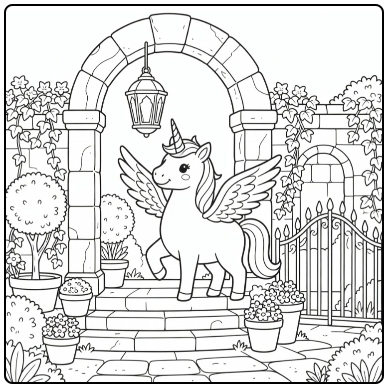 unicorn with wings coloring pages in garden archway