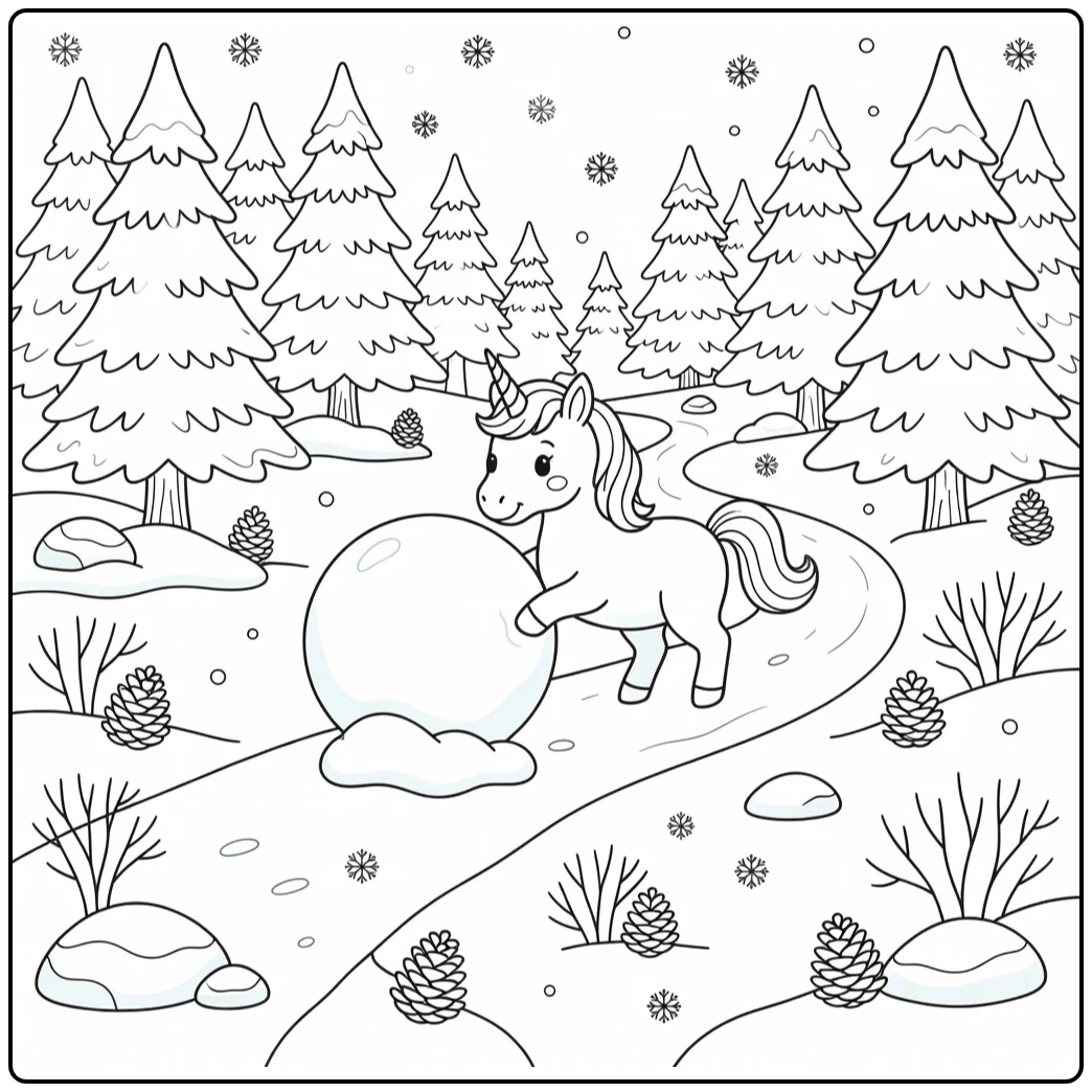 Playful winter unicorn coloring page pushing snowball