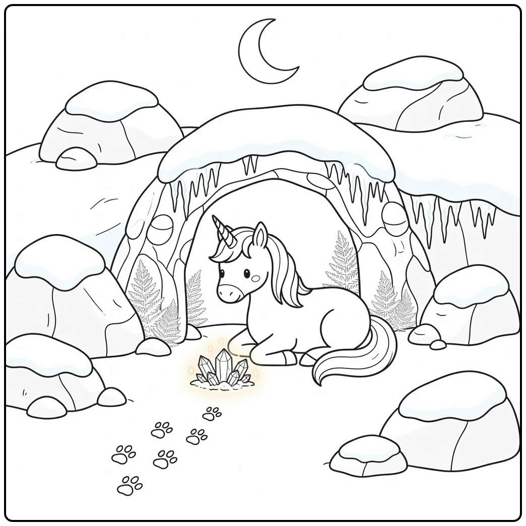 Winter unicorn coloring page: unicorn rests by snowy cave
