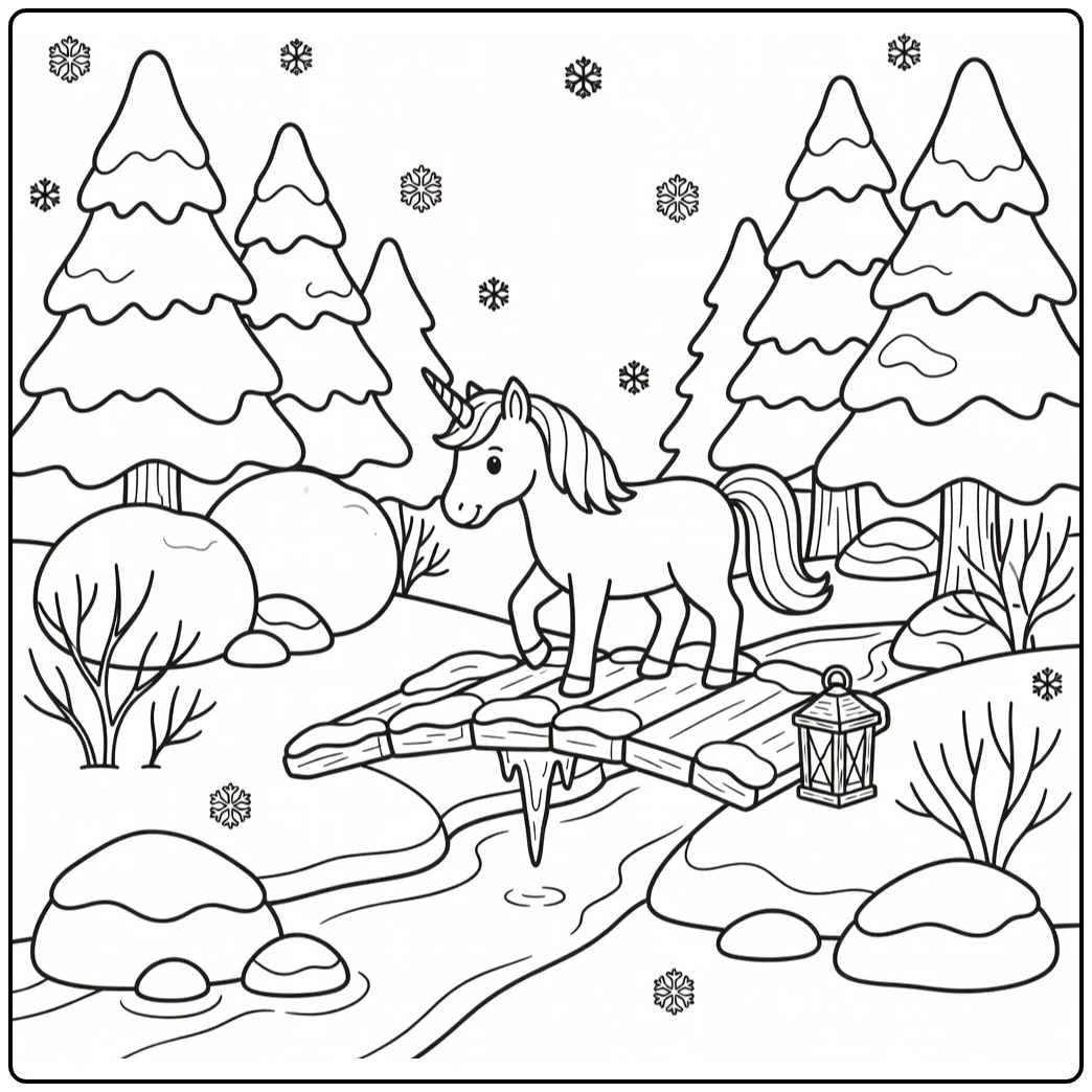 Winter unicorn coloring page: unicorn on snowy bridge to icicle