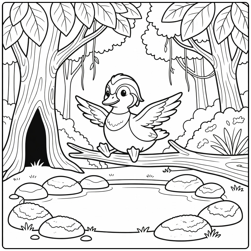 Wood duck coloring page with crest landing on branch
