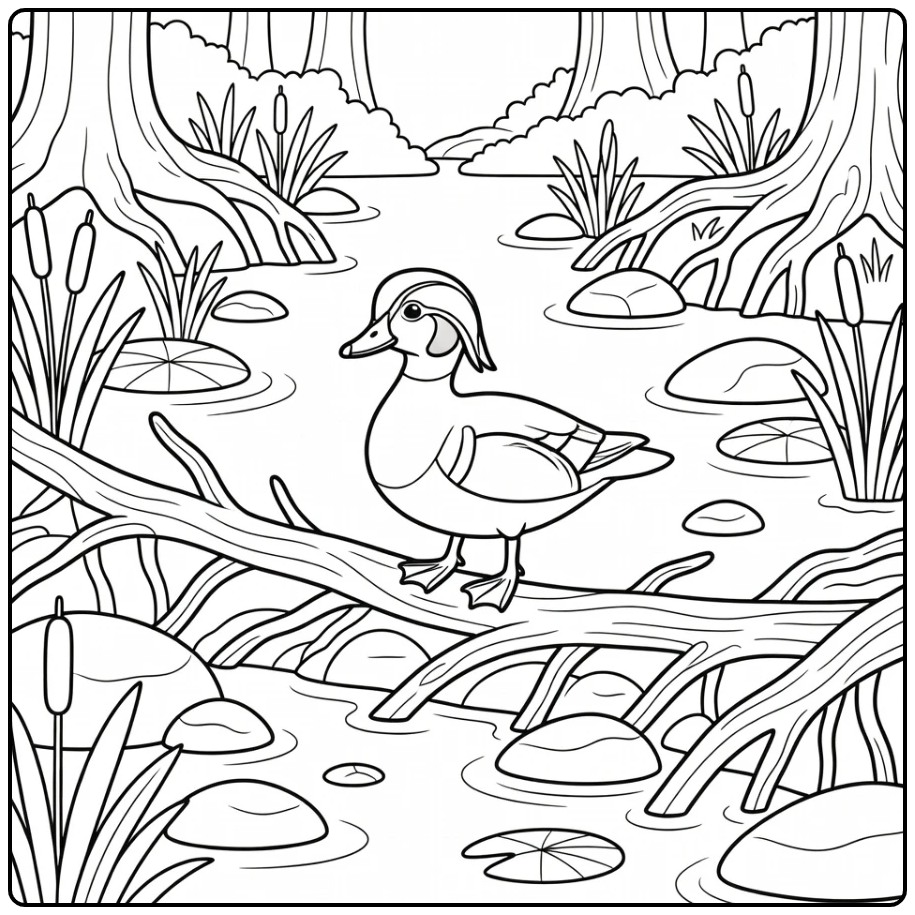Wood Duck Coloring Page in Forest Wetland Scene