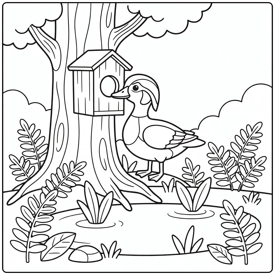 Wood Duck Coloring Page at Nesting Box in Woods