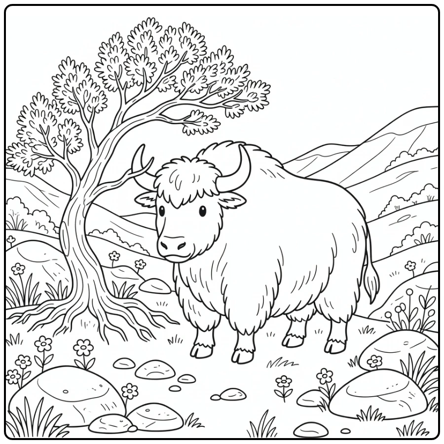 Cute yak brushing horn on juniper tree yak coloring pages