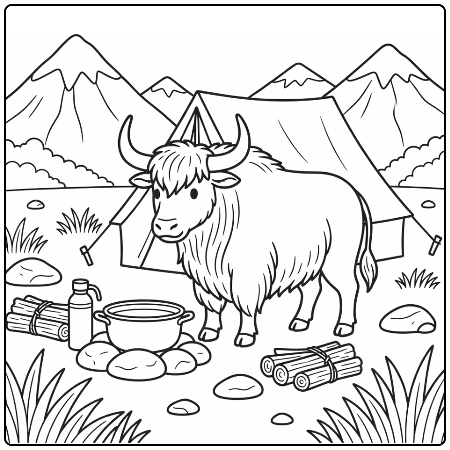 Yak at mountain campsite with tent and pot, yak coloring pages